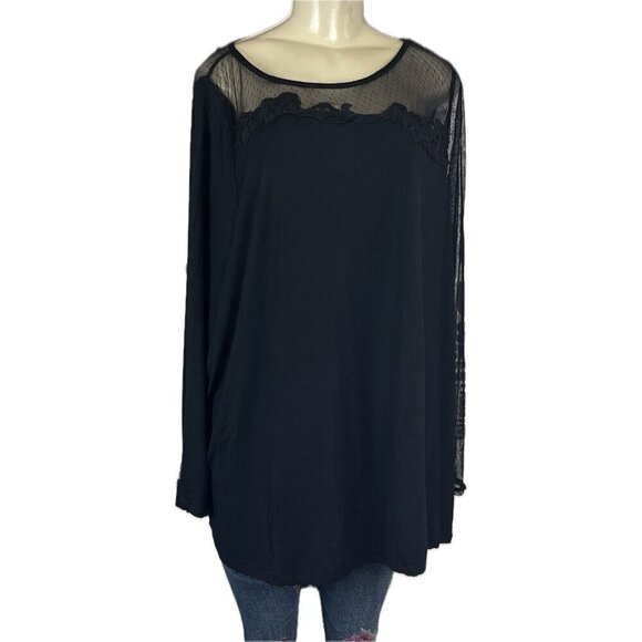 Roaman's +22/24 Black Illusion Sheer Mesh Lace Crew Neck Long Mesh Sleeve Top - Picture 2 of 6